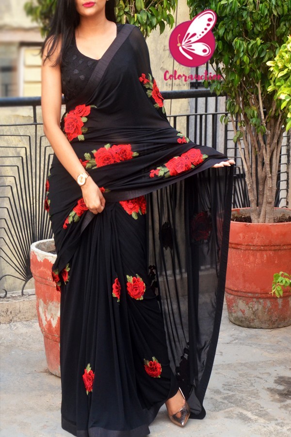 Buy Red and Black Georgette Saree With Georgette Blouse Online - SARV03279  | Andaaz Fashion